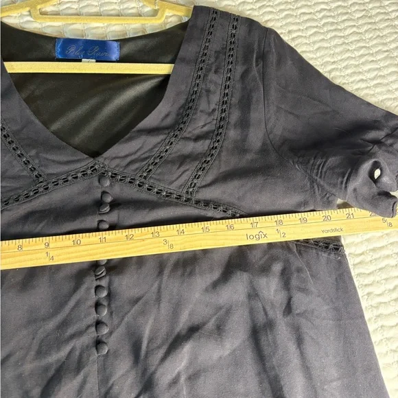 Blue Rain Black Boho Mini Dress L | Lined, Button Detail - Picture 5 of 10